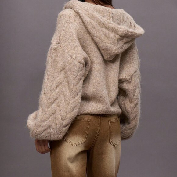 Khaki Casual Women's Chunky Oversized Hooded Cable Knit Sweater - Picture 2 of 6